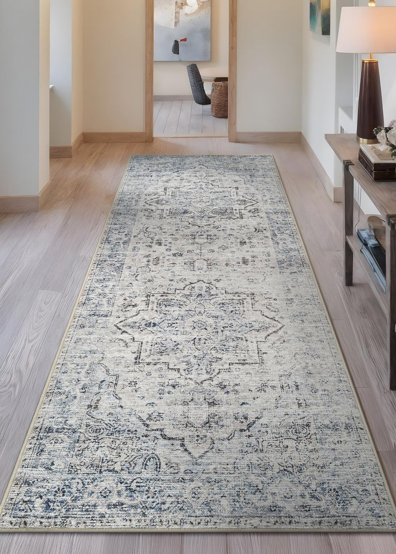 Bloom Rugs Caria Washable Non-Slip 10 ft Runner - Ivory/Blue/Gray Traditional Runner for Entryway, Hallway, Bathroom, and Kitchen - Exact Size: 2'6" x 10' - Image 2