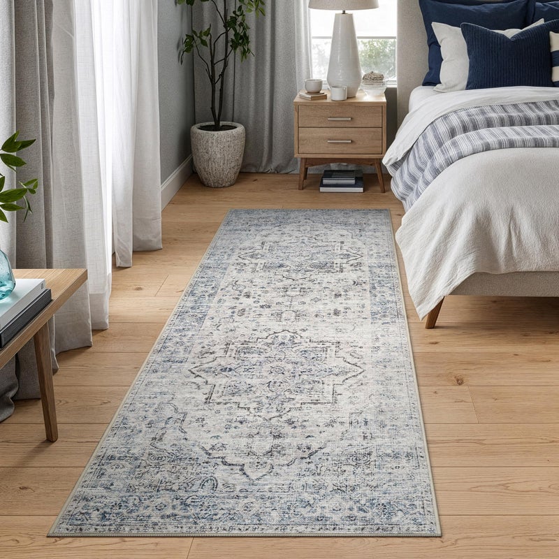 Bloom Rugs Caria Washable Non-Slip 10 ft Runner - Ivory/Blue/Gray Traditional Runner for Entryway, Hallway, Bathroom, and Kitchen - Exact Size: 2'6" x 10' - Image 3