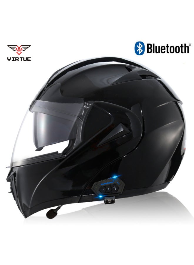 Bluetooth Open-Face Motorcycle Helmet for Men - Bright Black with Transparent Mirror, 3C Certified