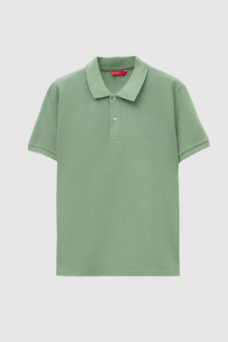 دي أس دامات Regular Fit Light Green Pique Textured 100% Cotton Non-Curl Polo Collar Embroidered T-shirt 4HC14ORT51000