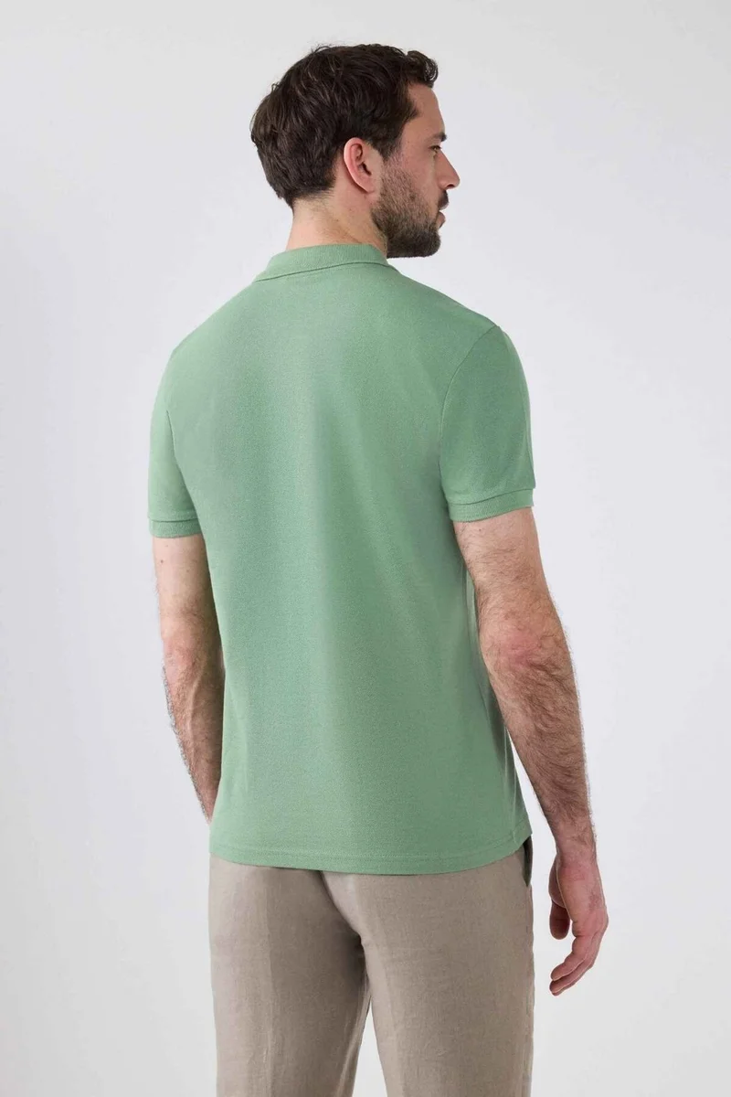 دي أس دامات Regular Fit Light Green Pique Textured 100% Cotton Non-Curl Polo Collar Embroidered T-shirt 4HC14ORT51000