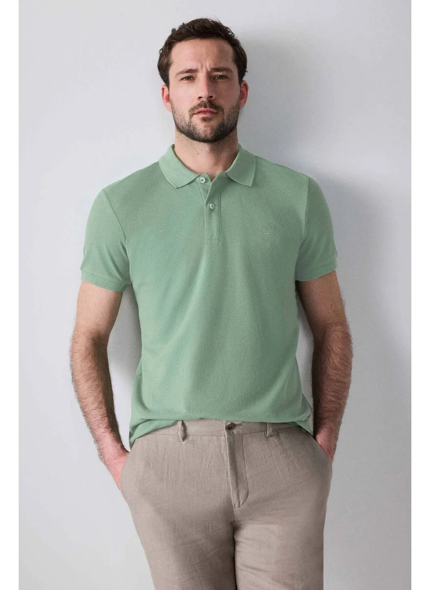 D'S DAMAT Regular Fit Light Green Pique Textured 100% Cotton Non-Curl Polo Collar Embroidered T-shirt 4HC14ORT51000