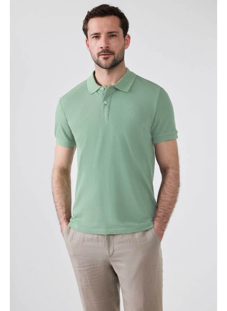 D'S DAMAT Regular Fit Light Green Pique Textured 100% Cotton Non-Curl Polo Collar Embroidered T-shirt 4HC14ORT51000