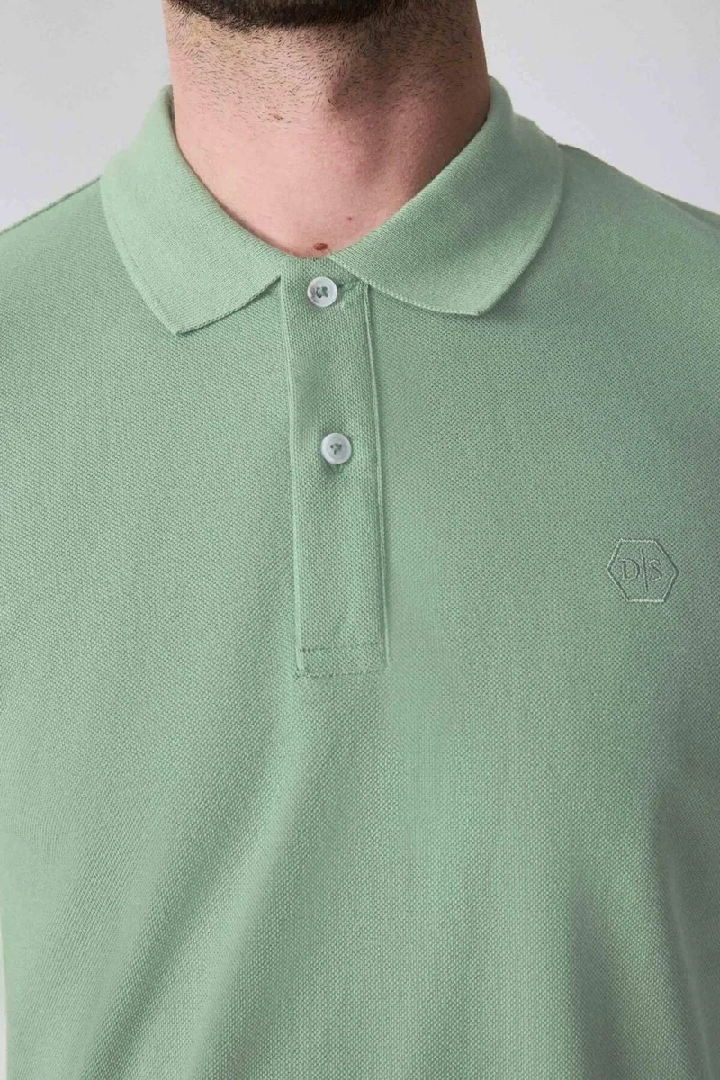 دي أس دامات Regular Fit Light Green Pique Textured 100% Cotton Non-Curl Polo Collar Embroidered T-shirt 4HC14ORT51000