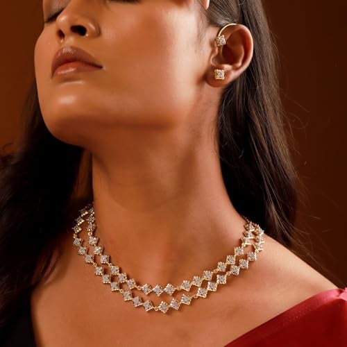 VOYLLA Shahi Dwar Rawal Dastoor Necklace Set with Interchangeable Earrings For Women, Festive, Wedding, Royal, Cocktail, American Diamond, Gift for Women & Girls, Womens Gift - Image 3