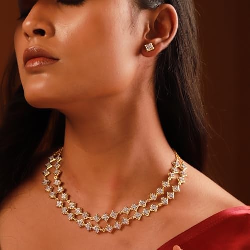 VOYLLA Shahi Dwar Rawal Dastoor Necklace Set with Interchangeable Earrings For Women, Festive, Wedding, Royal, Cocktail, American Diamond, Gift for Women & Girls, Womens Gift - Image 4