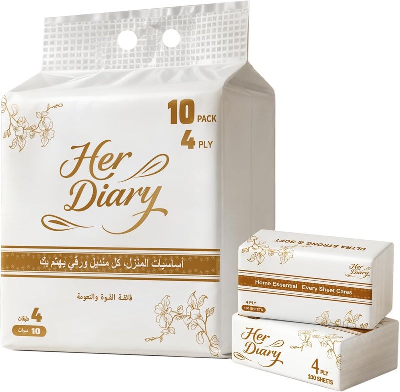 Her Diary HerDiary 4-Ply Facial Tissues, 100 Pulls per Pack (Pack of 10), Ultra Soft & Thick Everyday Tissues, 100% Virgin Wood Pulp, Unscented & Hypoallergenic for Sensitive Skin, Car, Home & Office Use - Image 1
