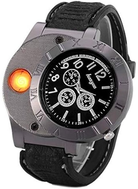 Mens USB Lighter Watch, USB Rechargeable Lighter Watch, Wristwatches Multi Functional Gift for Men, Black