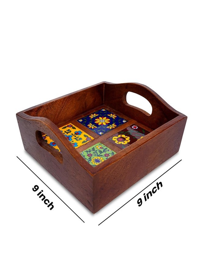 Craft Trade Square Mango Wood Serving Tray with 4 Fitted Ceramic Tiles Multipurpose Wooden Serving Platter with Handles, Decorative Tea Coffee Snack Tray for Home Kitchen Dining & Gifting - 9x9x3 Inch - Image 2