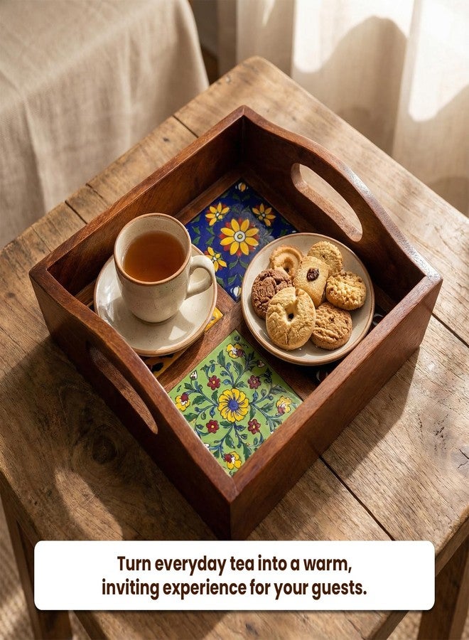 Craft Trade Square Mango Wood Serving Tray with 4 Fitted Ceramic Tiles Multipurpose Wooden Serving Platter with Handles, Decorative Tea Coffee Snack Tray for Home Kitchen Dining & Gifting - 9x9x3 Inch - Image 5