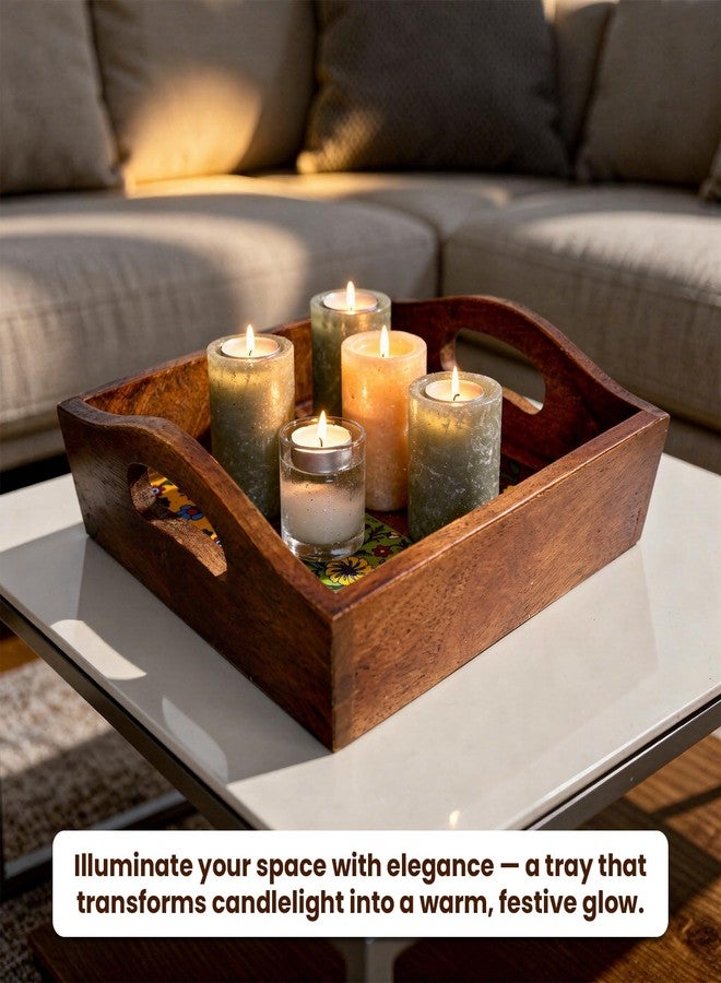 Craft Trade Square Mango Wood Serving Tray with 4 Fitted Ceramic Tiles Multipurpose Wooden Serving Platter with Handles, Decorative Tea Coffee Snack Tray for Home Kitchen Dining & Gifting - 9x9x3 Inch - Image 3
