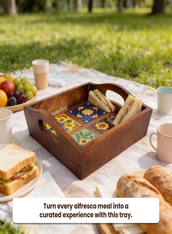 Craft Trade Square Mango Wood Serving Tray with 4 Fitted Ceramic Tiles Multipurpose Wooden Serving Platter with Handles, Decorative Tea Coffee Snack Tray for Home Kitchen Dining & Gifting - 9x9x3 Inch - Image 4