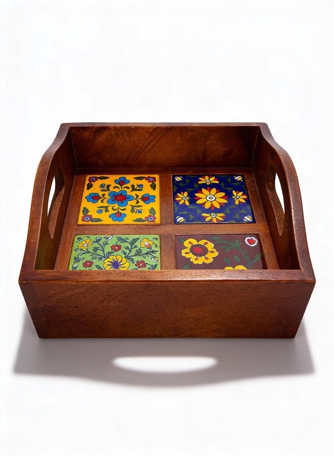 Craft Trade Square Mango Wood Serving Tray with 4 Fitted Ceramic Tiles Multipurpose Wooden Serving Platter with Handles, Decorative Tea Coffee Snack Tray for Home Kitchen Dining & Gifting - 9x9x3 Inch - Image 1