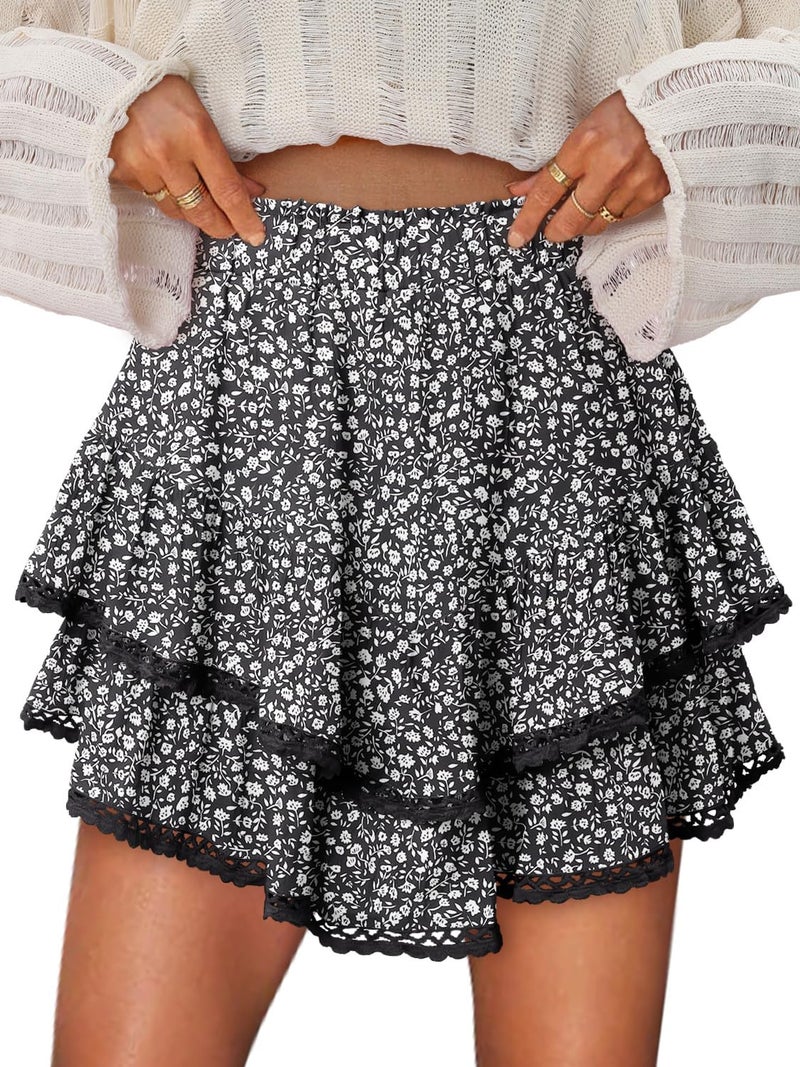 onlypuff Ruffle Skorts for Woman Floral Cute Mini Skirts Flowy Shorts Country Concert Outfits Coastal Cowgirl Coachella Western Skirt Floral Black XL - Image 1
