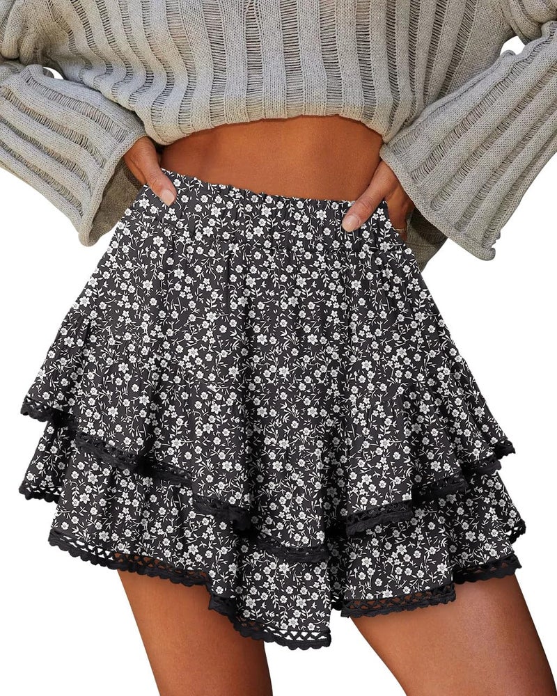 onlypuff Ruffle Skorts for Woman Floral Cute Mini Skirts Flowy Shorts Country Concert Outfits Coastal Cowgirl Coachella Western Skirt Floral Black XL - Image 2