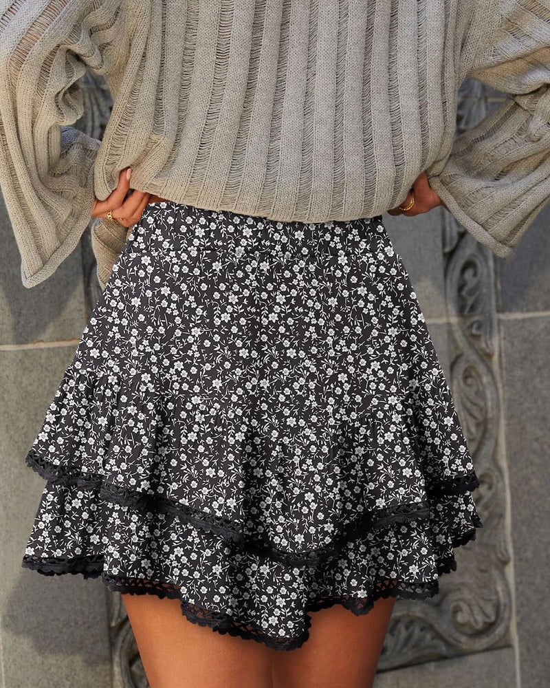 onlypuff Ruffle Skorts for Woman Floral Cute Mini Skirts Flowy Shorts Country Concert Outfits Coastal Cowgirl Coachella Western Skirt Floral Black XL - Image 4