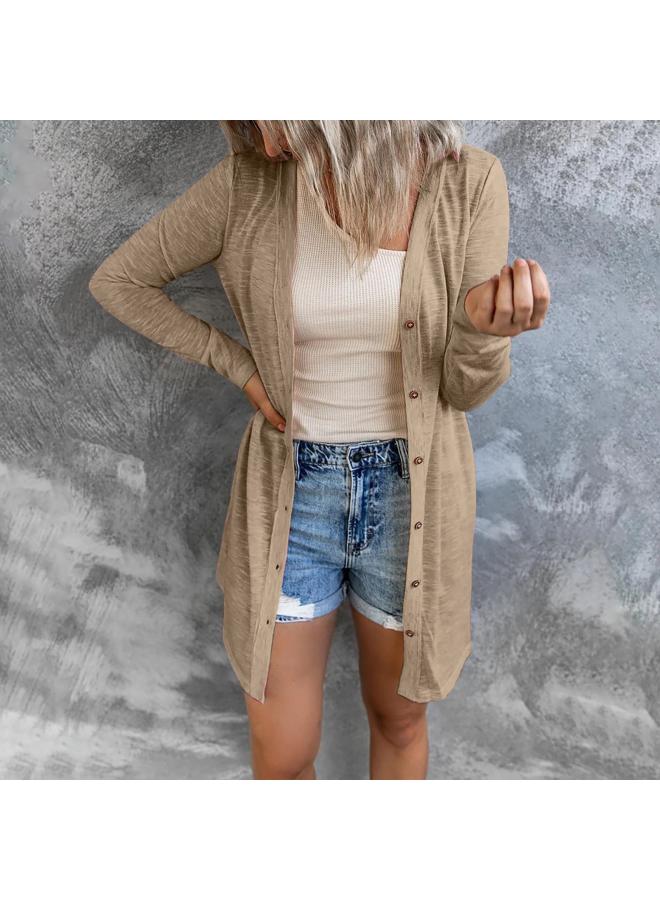VUELO Autumn And Winter Europe And The United States New Women's Long Button Solid Color Casual Long Sleeve Cardigan Women