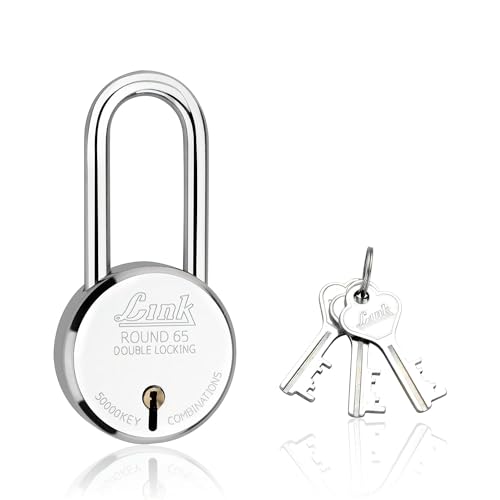 Link Locks| Round 65MM Long Shackle Padlock with 3 Keys |Lock for Main Door, Gate, Shops, Office| Silver Finish |2 Years Warranty - Image 1