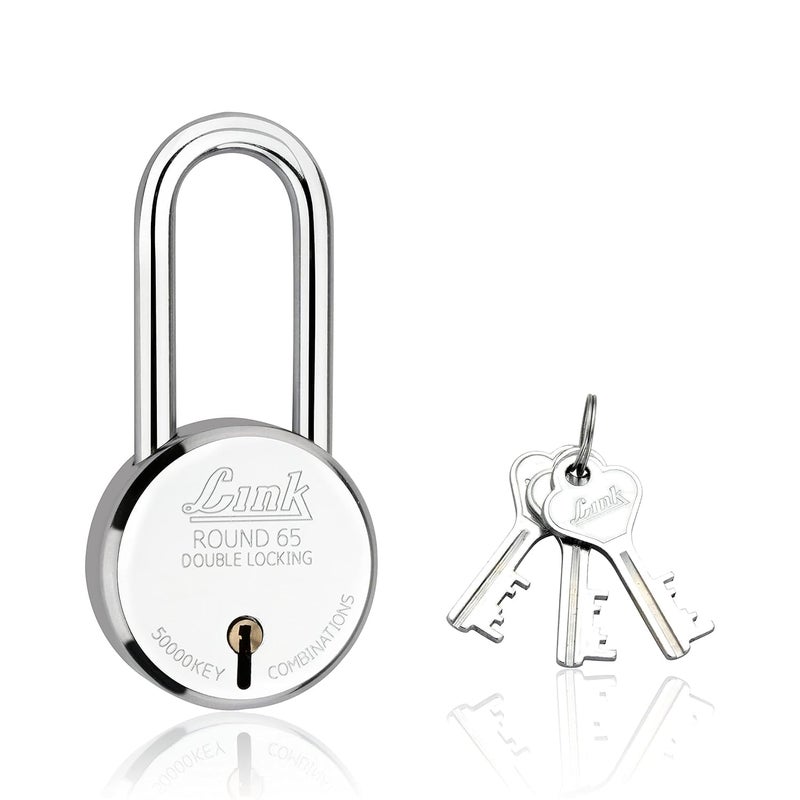 Link Locks| Round 65MM Long Shackle Padlock with 3 Keys |Lock for Main Door, Gate, Shops, Office| Silver Finish |2 Years Warranty - Image 2