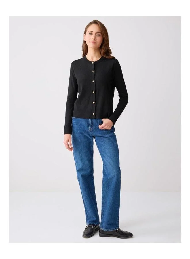 Jimmy Key Black Shiny Button-Detailed Round Neck Knit Cardigan