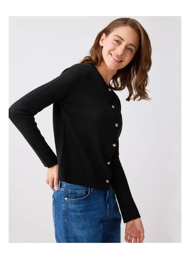Jimmy Key Black Shiny Button-Detailed Round Neck Knit Cardigan