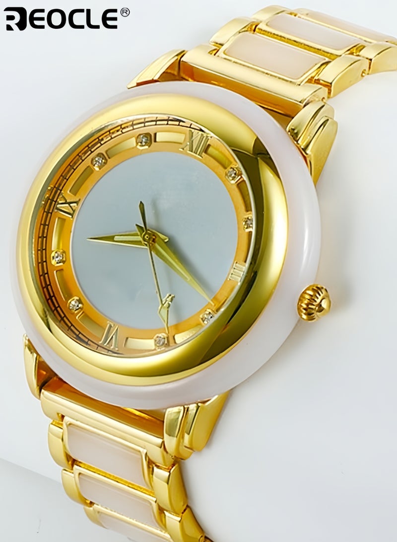ريوكل ساعة كوارتز ميكانيكية من اليشم مع مينا من اليشم مرصعة بالماس وحزام ساعة من الفولاذ المقاوم للصدأ ومقاومة للماء يوميًا وعقارب مضيئة ساعة يد فاخرة للنساء والرجال - Image 1
