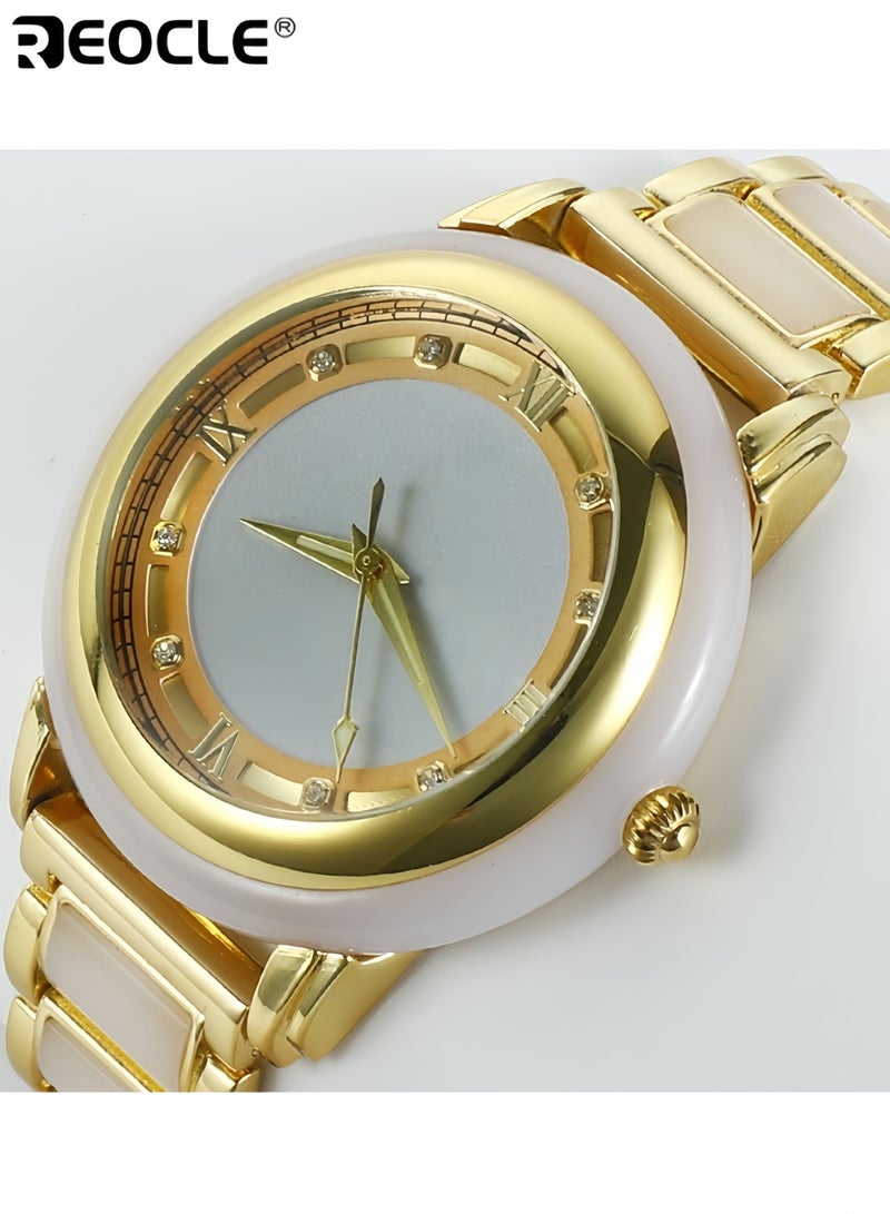 ريوكل ساعة كوارتز ميكانيكية من اليشم مع مينا من اليشم مرصعة بالماس وحزام ساعة من الفولاذ المقاوم للصدأ ومقاومة للماء يوميًا وعقارب مضيئة ساعة يد فاخرة للنساء والرجال - Image 2