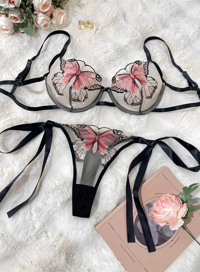 تايك تو Butterfly Embroidered Mesh Non Padded Wired Bra and Tie-up Thong Lingerie Set