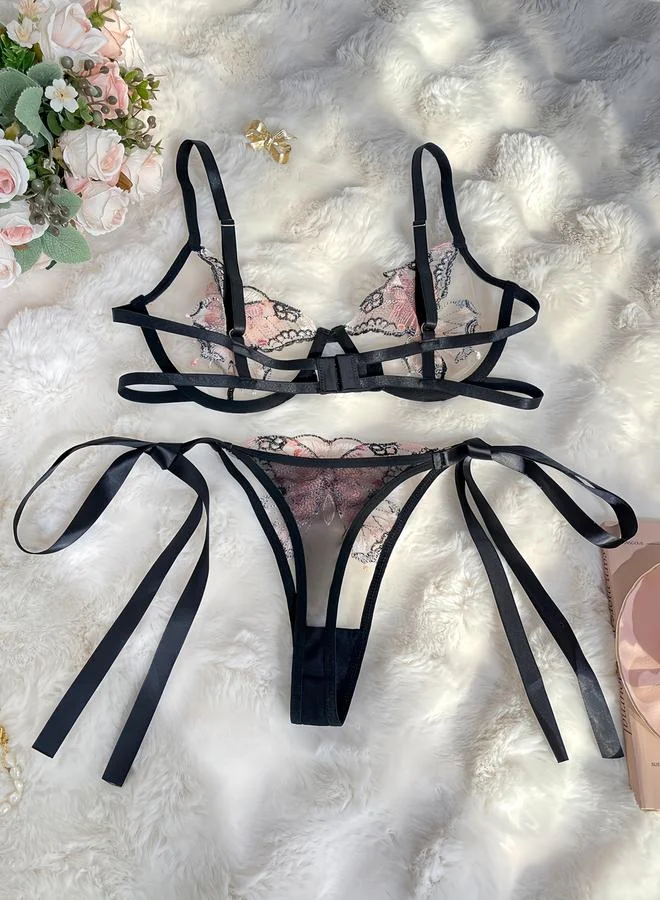 تايك تو Butterfly Embroidered Mesh Non Padded Wired Bra and Tie-up Thong Lingerie Set