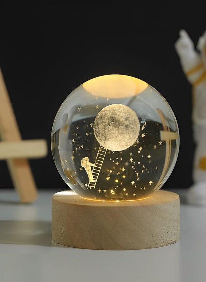 Dhanuom Home Decoration 3D Crystal Ball Night Light with 3.15 inches USB Powered Wooden Base Galaxy Glass Ball with LED Base(1 PCS)(Moon Climbe) - Image 1