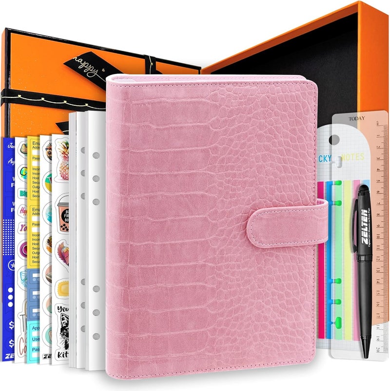 Zelten PU Leather Personal Notebook Planner with 80 Pages Loose-Leaf Papers 6 Holes Ring Binder Pen Holder Magnetic Buckle (Pink Crocodile Pattern, A5 Gift Box) - Image 1
