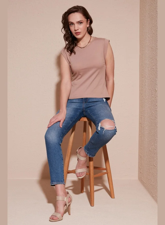 ليلا تي شيرت نسائي قطن بدون أكمام بياقة دائرية