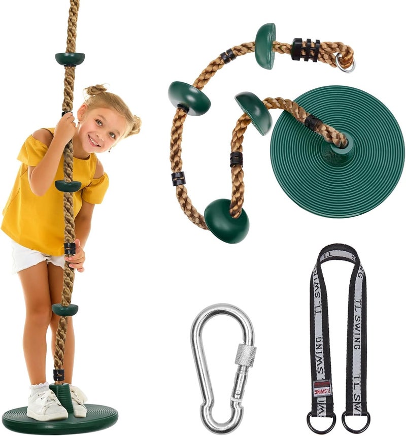 DECORLIFE Tree Swing for Kids, Adjustable Rope Swing Disc Swing for Outside with Platform Carabiners and Strap Outdoor, Playground Accessories, Green - Image 1