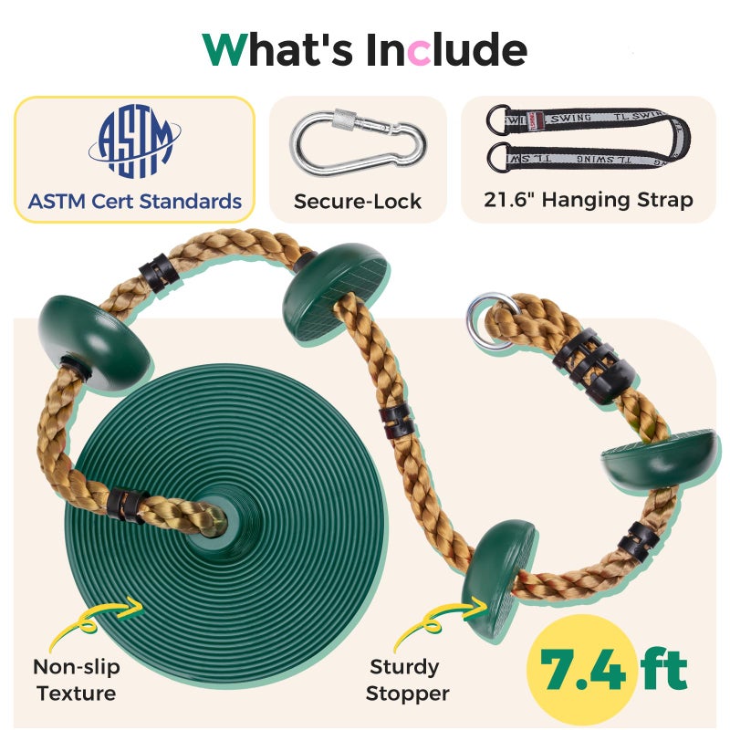 DECORLIFE Tree Swing for Kids, Adjustable Rope Swing Disc Swing for Outside with Platform Carabiners and Strap Outdoor, Playground Accessories, Green - Image 2