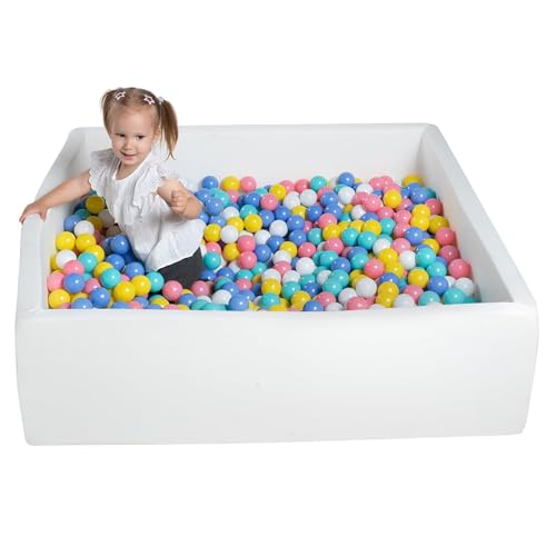 UHAPPYEE Square Foam Ball Pit for Toddler,35"x35"x12" Soft Ball Pit Pool with Removable Cover, Indoor Memory Sponge Ball Playpen Without Balls - White - Image 1