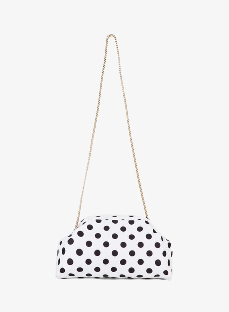 Women's Nehir White-Black Polka-Dot Lined Buckle-Closure Removable Chain-Strap Hand, Wrist and Shoulder Bag.