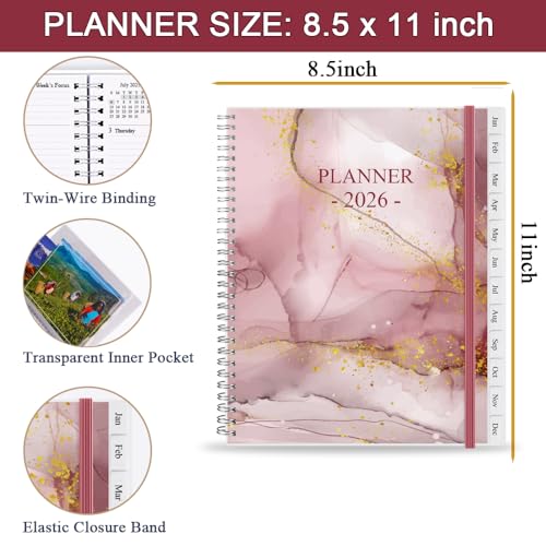 Getvow 2026 Planner - Planner 2026 from January 2026 - December 2026, Monthly and Weekly Calender with 12 Tabs, 8.5" x 11", Pink Watercolor - Image 5