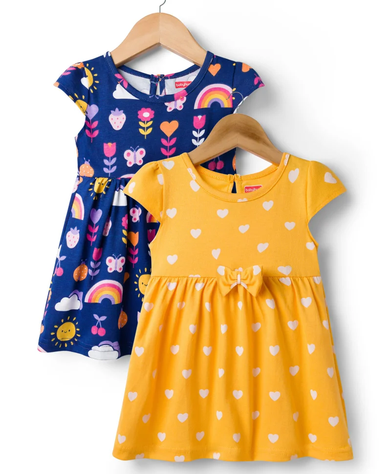 Babyhug Babyhug 100% Cotton Knit Half Sleeves Floral Printed Dresses with Bow (Pack of  2) - Multi Color