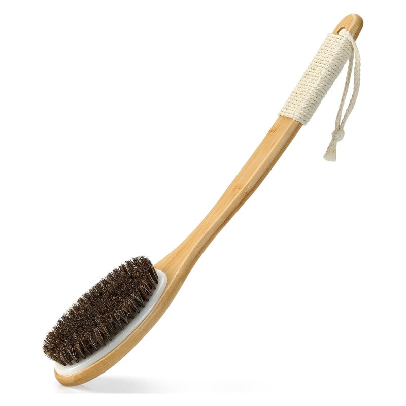 16.7 inch curved long handle bamboo bath brush unisex Natural bristle exfoliating brush back brush wet and dry bath brush brown - Image 1