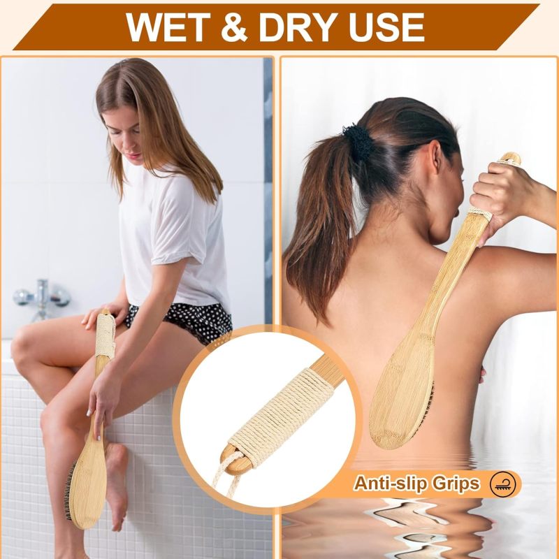 16.7 inch curved long handle bamboo bath brush unisex Natural bristle exfoliating brush back brush wet and dry bath brush brown - Image 5