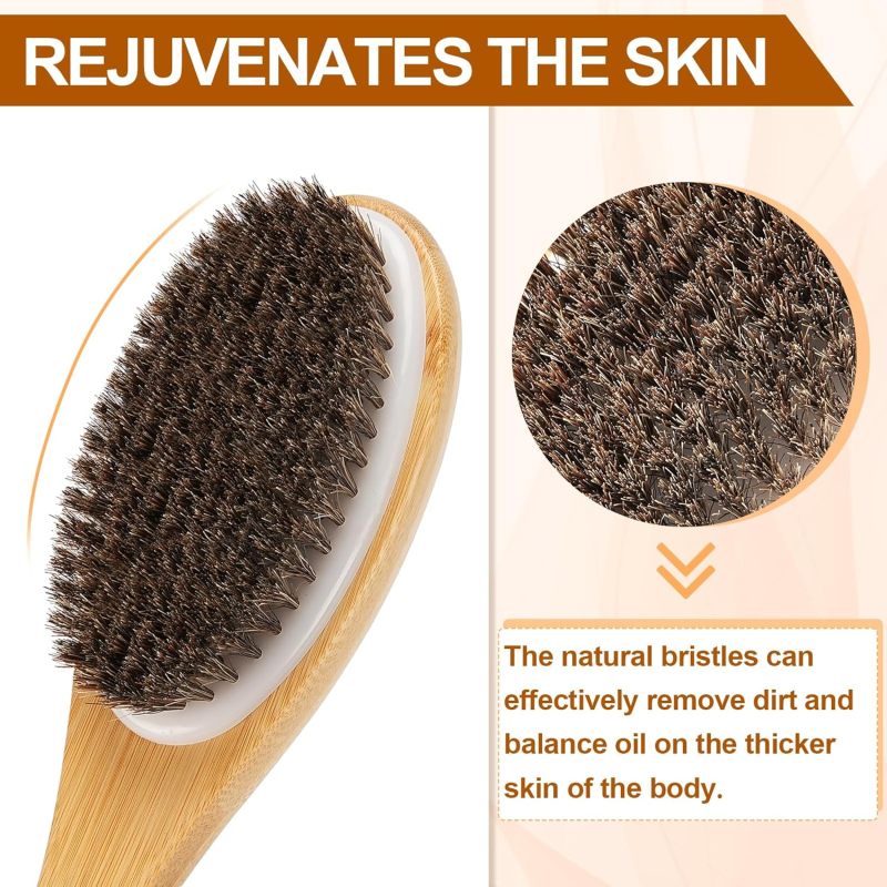 16.7 inch curved long handle bamboo bath brush unisex Natural bristle exfoliating brush back brush wet and dry bath brush brown - Image 3