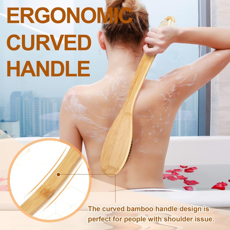 16.7 inch curved long handle bamboo bath brush unisex Natural bristle exfoliating brush back brush wet and dry bath brush brown - Image 4