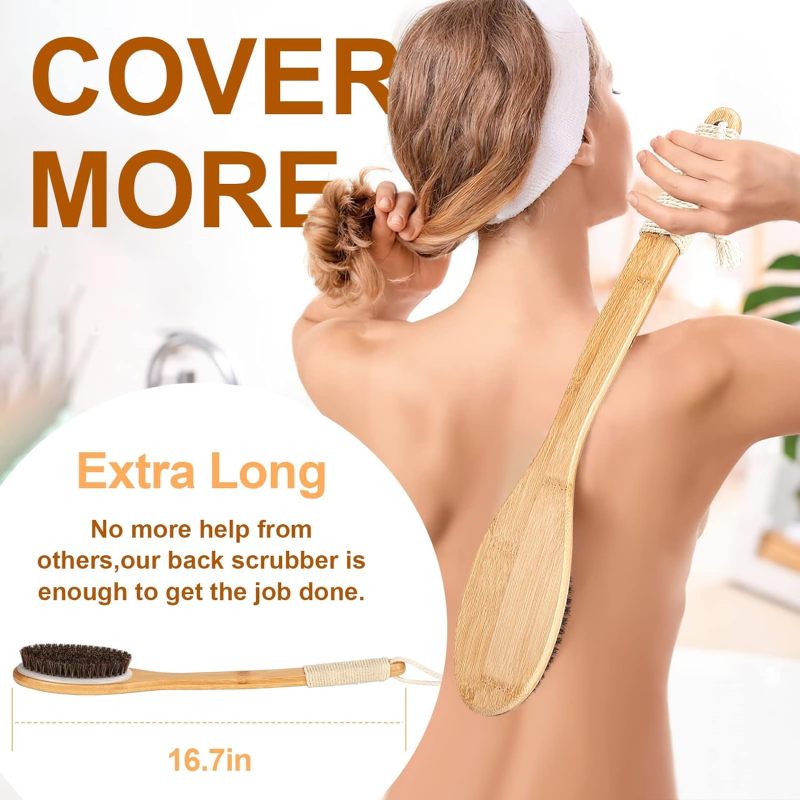 16.7 inch curved long handle bamboo bath brush unisex Natural bristle exfoliating brush back brush wet and dry bath brush brown - Image 2