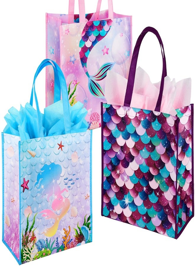 BLEWINDZ Large Gift Bags with Tissues – 3Pcs Mermaid Girls Kids Tote Reusable Gift Bags with Handles for Birthday Party Favors, Baby Showers, Shoppings (13" x 7" x 13.2") - Image 1