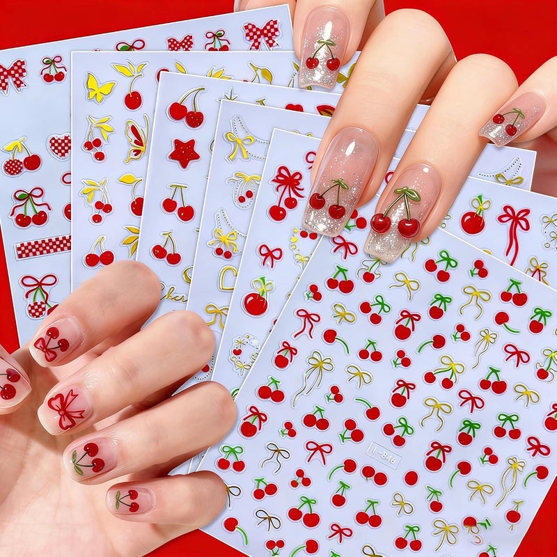Maigitur 6Sheets Fruits Nail Stickers Red Cherry Bow Nail Decals Cute Bowknot Nail Designs Gold Butterfly Nails Supplies 3D Self-Adhesive Polka Dots Spring Summer Nails Art Stickers for Women DIY Manicure - Image 1