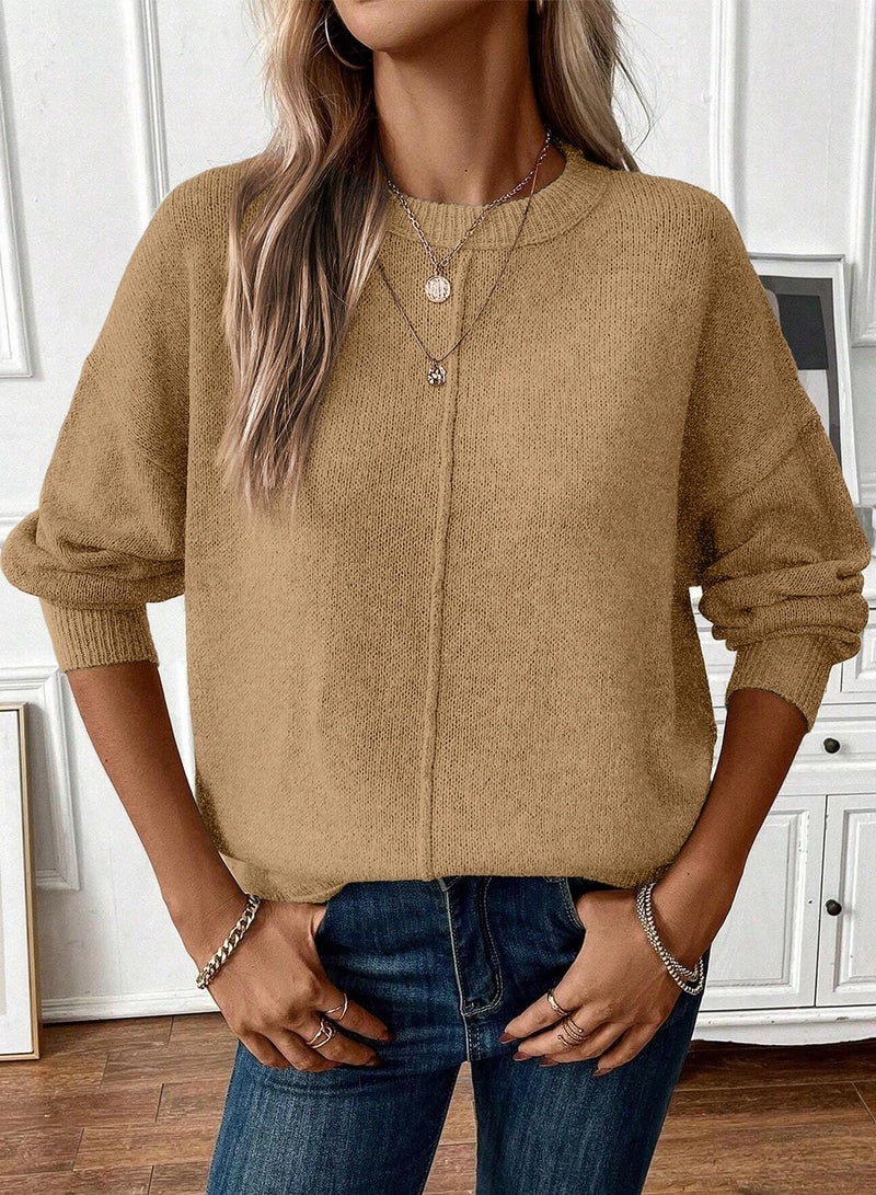 EVALESS Fall Sweaters for Women Trendy 2025 Cute Lightweight Long Sleeve Round Neck Knit Pullover Tops Light French Beige M - Image 4