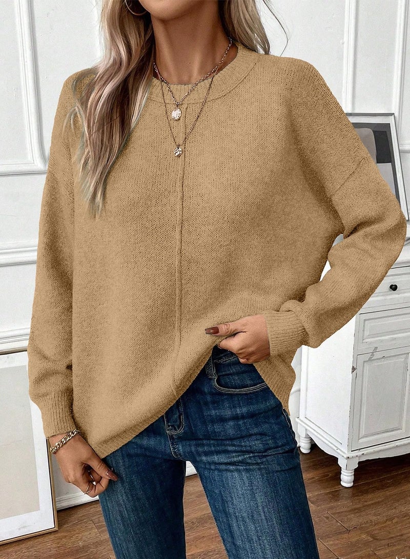 EVALESS Fall Sweaters for Women Trendy 2025 Cute Lightweight Long Sleeve Round Neck Knit Pullover Tops Light French Beige M - Image 5