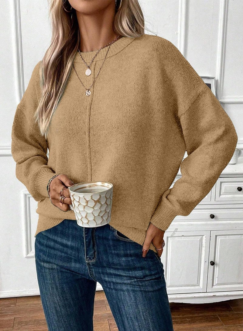 EVALESS Fall Sweaters for Women Trendy 2025 Cute Lightweight Long Sleeve Round Neck Knit Pullover Tops Light French Beige M - Image 2