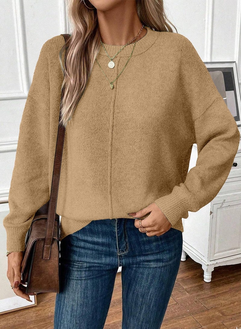 EVALESS Fall Sweaters for Women Trendy 2025 Cute Lightweight Long Sleeve Round Neck Knit Pullover Tops Light French Beige M - Image 3