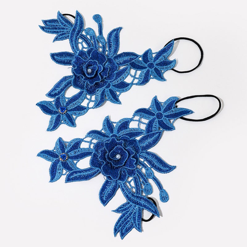 Adult gloves retro ethnic style open finger fabric embroidered Bracelet Wristband Three-Dimensional Hollow dance jewelry oversleeve ST-2103: Blue 